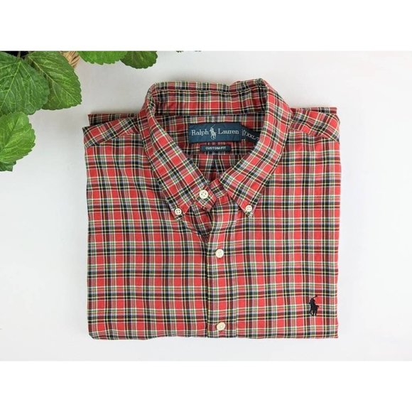 Men's XXL Red Green Yellow Plaid Collared Dress Shirt Vintage 1980s Ralph Lauren - Picture 1 of 10